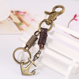 Vintage leather keychain bronze alloy skull pendant girls backpack pendant