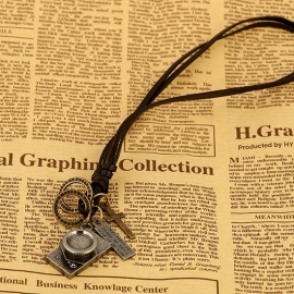 Vintage camera pendant long leather necklace