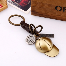 Retro cowhide keychain hand-woven bronze baseball cap leather keychain creative gift