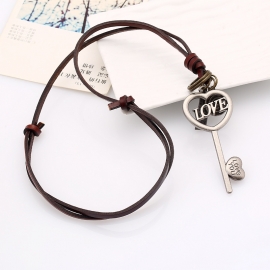 Retro leather rope necklace female wild sweater chain alloy love long key cowhide necklace