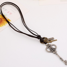New leather necklace alloy big key long leather necklace
