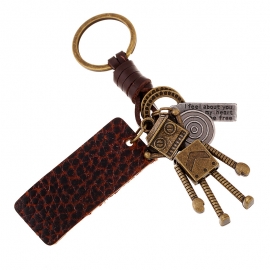 Hand-woven leather rope car keychain men and women couple key ring alloy robot leather pendant