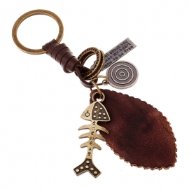 Fish bone retro woven cowhide key chain leather pendant