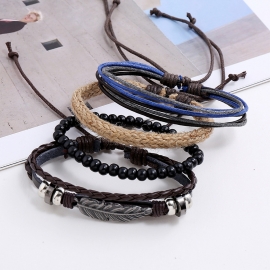 Accessories retro leaf cowhide suit bracelet multi-layer hemp rope woven mens bracelet bracelet