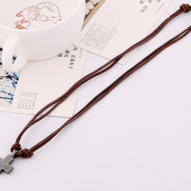 Style leather necklace short mens alloy cross necklace retro rough cowhide necklace