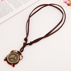 Punk retro mens leather necklace alloy small alarm clock leather necklace