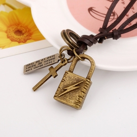 Punks new cowhide necklace alloy longevity lock long leather necklace