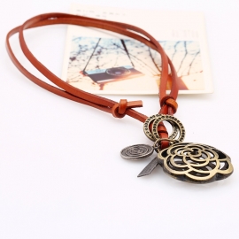 Hollow flower pendant retro leather rope necklace female korean long wild sweater chain