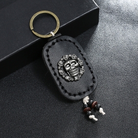 Hand stitched double-sided skull leather keychain personality car keychain for men