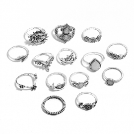 European and american new joint ring wish hot sale retro exaggerated gemstone water drop sun combination 14 piece set ring