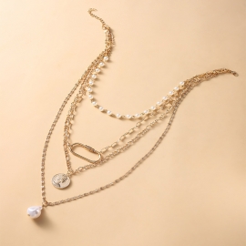 Cross-border hot-selling jewelry fashion personality portrait embossed imitation pearl pendant imitation pearl chain multi-layer necklace