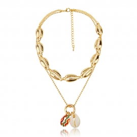 Fashion personality classic ladies natural shell pendant alloy shell chain double layer necklace