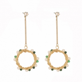New product hot-selling jewelry long tassel green natural stone small round beads retro palace style elegant earrings
