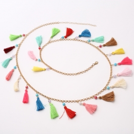 Korean fashion all-match style bohemian ethnic style crystal cotton thread tassel long pendant necklace