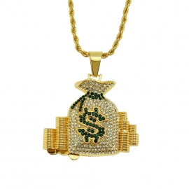 Fashion trend hip hop mens diamond dollar money bag pendant necklace