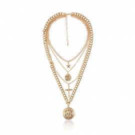 European and american cross-border jewelry exaggerated punk style cross lion head five-pointed star pendant multilayer necklace