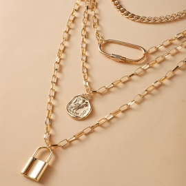Creative classic retro style ladies lock coin pendant multilayer necklace