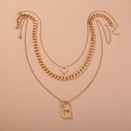 New european and american foreign trade jewelry fashion retro chain peach heart multilayer necklace geometric lock pendant sweater chain