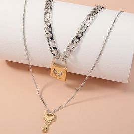 European and american cross-border fashion jewelry ins retro punk lock diamond butterfly necklace key hip hop double necklace