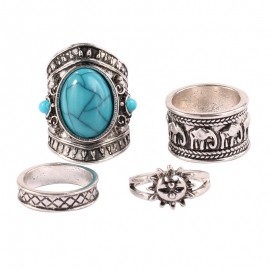 European and american punk style four-piece retro turquoise combination set ring