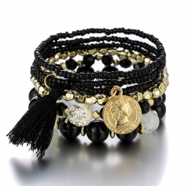 European and american fashion hot jewelry, beauty head, coin, multi-layer rice bead bracelet, metal white tassel bracelet