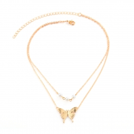 European and american cross-border personality all-match trend necklace double imitation pearl butterfly pendant necklace clavicle chain