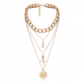 European and american cross-border jewelry, retro butterfly cross necklace, female personality lion head portrait multilayer geometric necklace