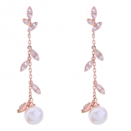 Fresh leaves zircon pearl earrings female temperament korean fashion trend long earrings