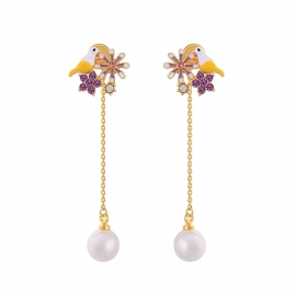 Enamel glaze cute bird earrings temperament korean pearl long earrings split two wear