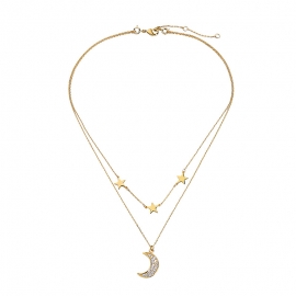 Elegant double zircon star and moon necklace temperament korean fashion trendy short clavicle chain