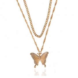 European and american fashion retro style diamond-studded butterfly pendant thick chain double necklace