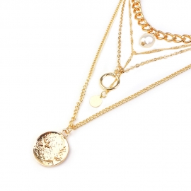 European and american cross-border hot-selling jewelry fashion personality hollow ring disc imitation pearl pendant multilayer necklace