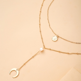 Cross-border hot sale in japan and south korea fashion simple cold wind portrait embossed moon natural pearl pendant double necklace