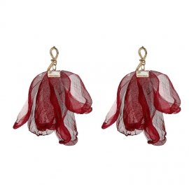 Autumn and winter new temperament european and american earrings multi-layer lace mesh cloth art petals long flower earrings