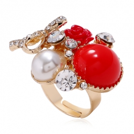 European and american fashion ol flower pearl diamond ring simple retro trendy personality bow opening adjustable ring