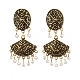 New european and american earrings jewelry retro ethnic style earrings carved fan-shaped pattern pearl earrings earrings wholesale