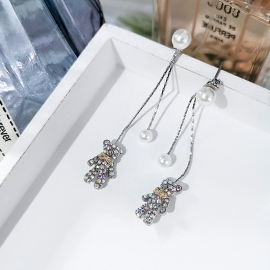 Lovely bear pearl earrings with diamonds earrings female european and american style long small fresh temperament earrings