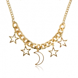 Fashion personality classic ladies hollow five-pointed star and moon pendant necklace european and american cross-border jewelry