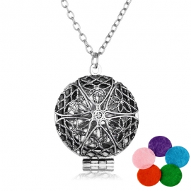 Retro round hollow 6 petal lotus pattern aroma diffuser photo box pendant, popular perfume long necklace necklace