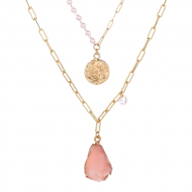 Pink water drops imitation natural stone pendant necklace retro human shape disc double chain pearl elegant sweet necklace