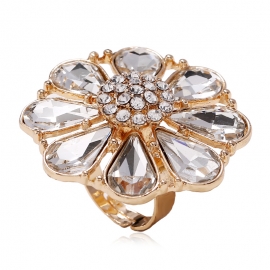 European and american fashion diamond hollow crystal flower ring simple personality trend metal opening adjustable ring