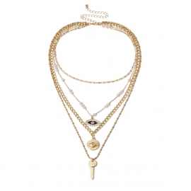 European and american cross-border jewelry, retro imitation pearl temperament, geometric necklace, personalized multi-layer eye key mix necklace