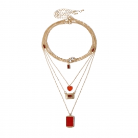 European and american cross-border jewelry personality long red geometric necklace female retro square contrast color heart-shaped zircon necklace