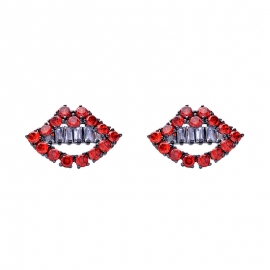 925 silver needle elegant geometric diamond red lip stud earrings japanese and korean fashion accessories