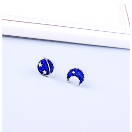 Korean version of enamel glaze dripping earrings s925 silver needle stud earrings creative starry sky star and moon asymmetric earrings