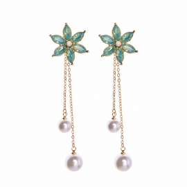 Long flower diamond pearl earrings earrings womens european and american style fashion temperament show thin face earrings