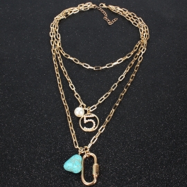 Fashion retro ethnic style ladies turquoise imitation pearl number 5 pendant multi-layer necklace