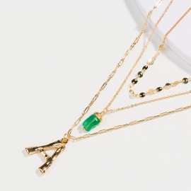 European and american hot-selling 26 letters multi-layer necklace women fashion green natural stone pendant factory direct jewelry