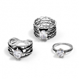 Retro carved hollow 3-piece combination ring set with large gemstone ring combination