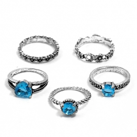 Vintage diamond carved heart-shaped starry sky gemstone 5-piece set ring